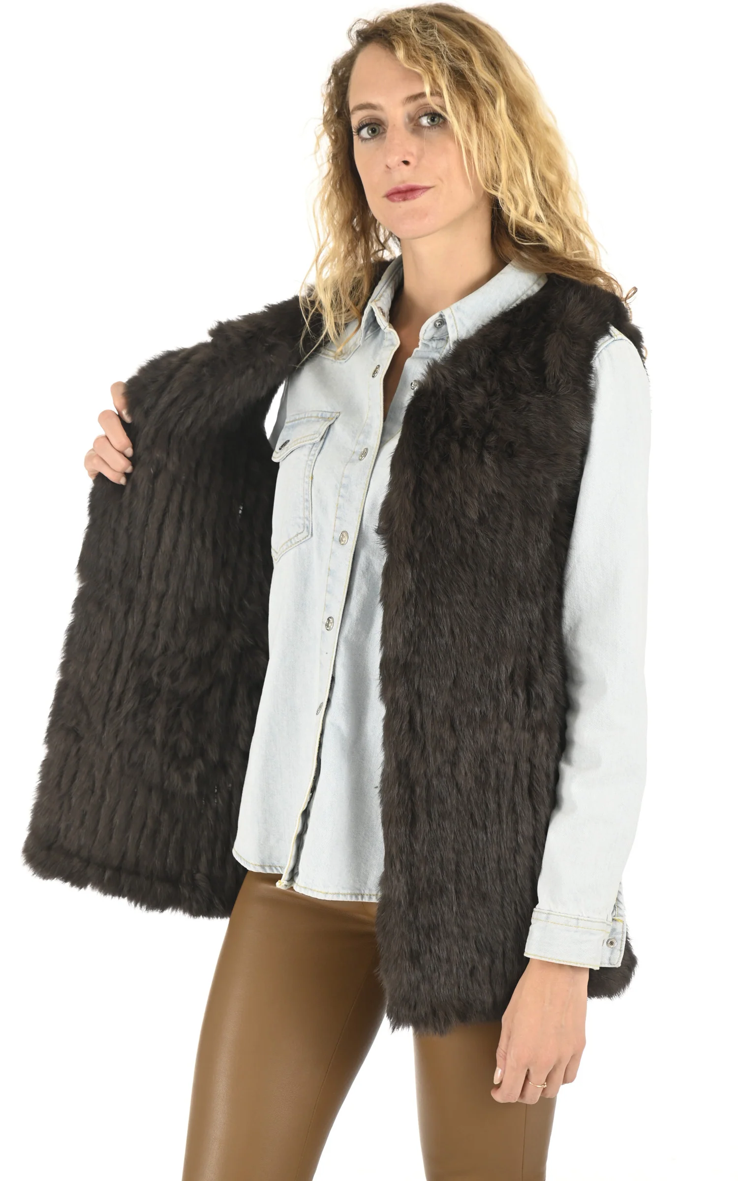 Gilet long fourrure de lapin kaki – Image 3