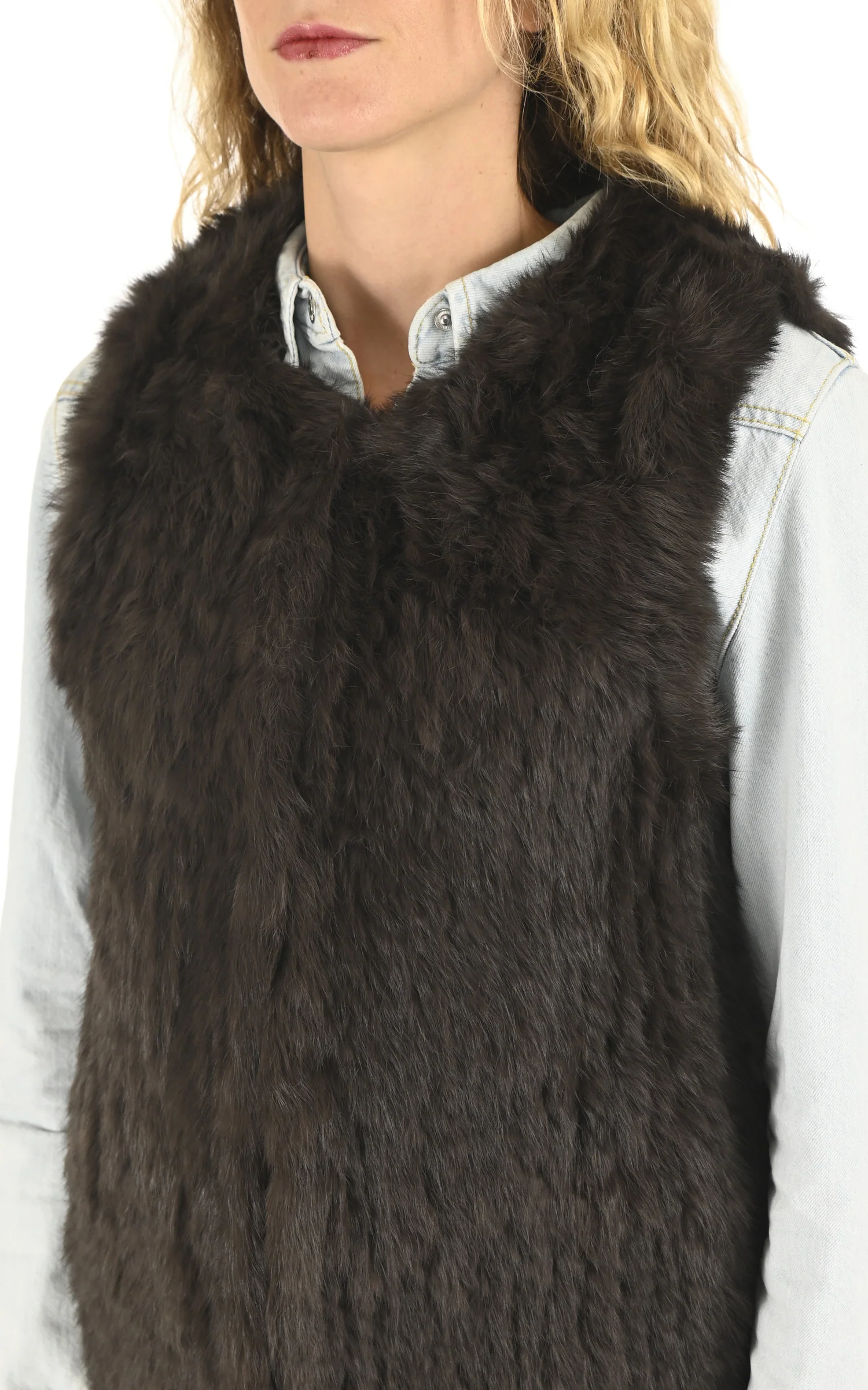 Gilet long fourrure de lapin kaki – Image 5